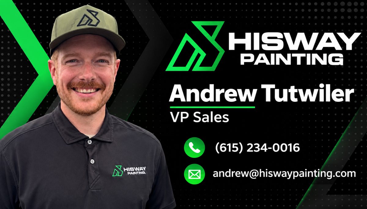 Business card: Andrew Tutwiler, VP Sales, (615) 234-0016, andrew@hiswayroofing.com